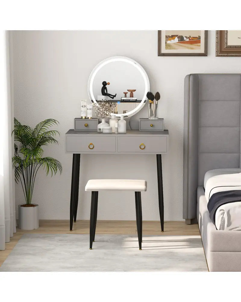 Vanity Table Set with Mirror-Gray - Gray - Makeup Vanities