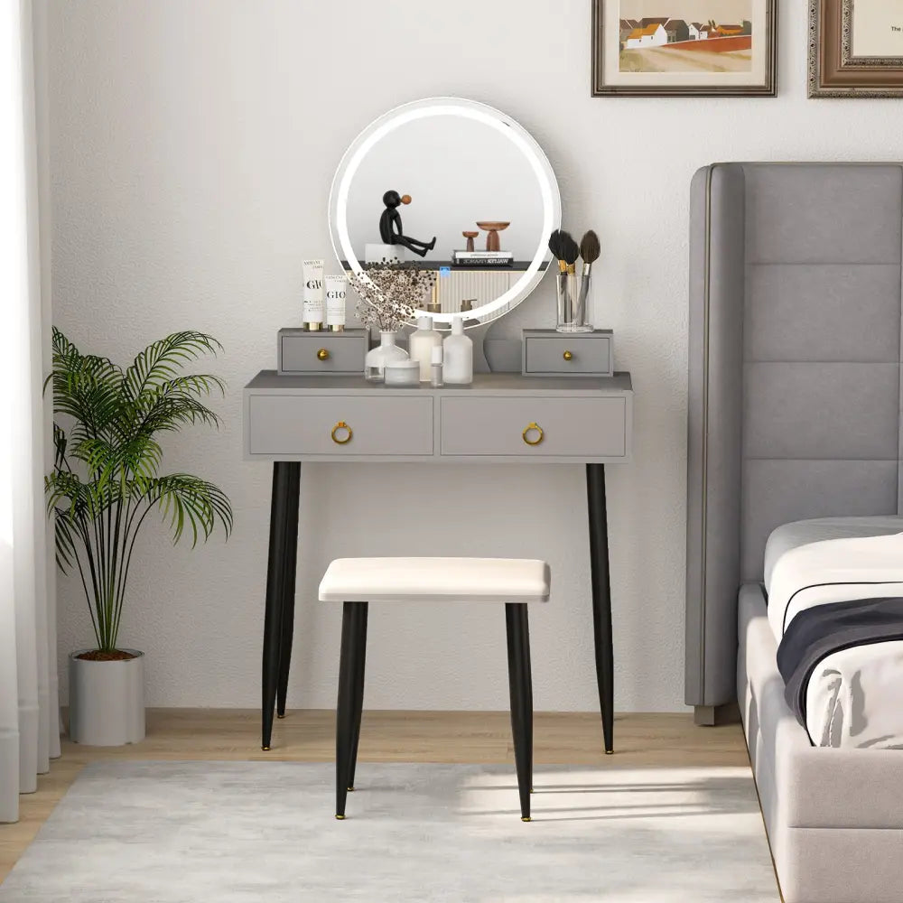 Vanity Table Set with Mirror-Gray - Gray - Makeup Vanities