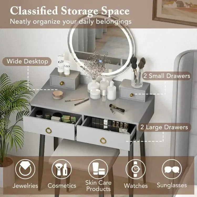 Vanity Table Set with Mirror - Gray - Oasis Home Essentials