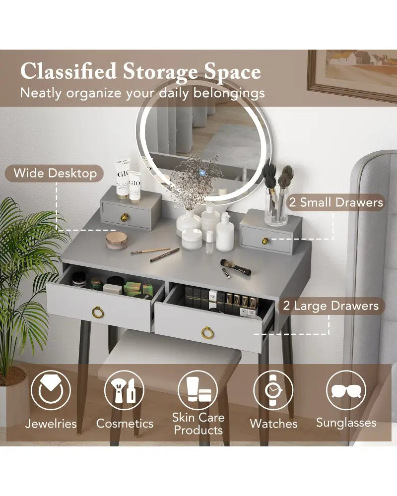 Vanity Table Set with Mirror-Gray - Gray - Makeup Vanities