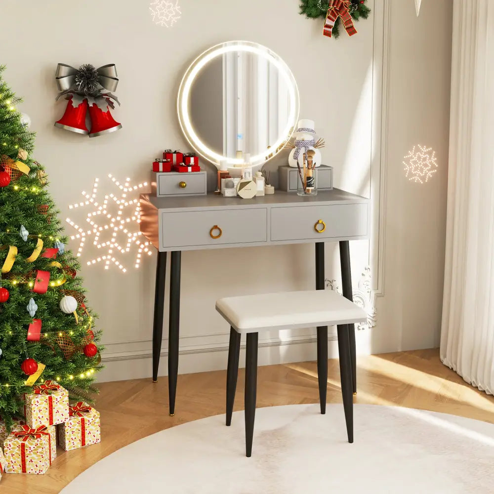 Vanity Table Set with Mirror-Gray - Gray - Makeup Vanities
