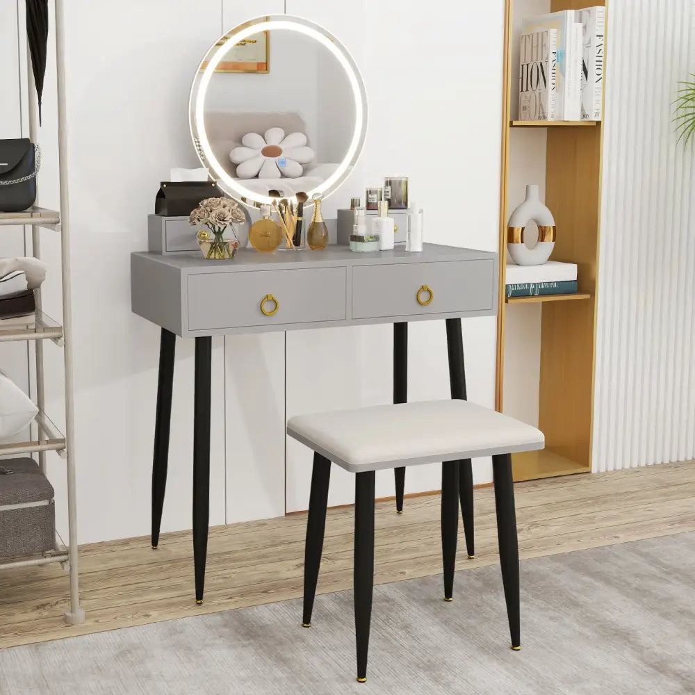 Vanity Table Set with Mirror-Gray - Gray - Makeup Vanities