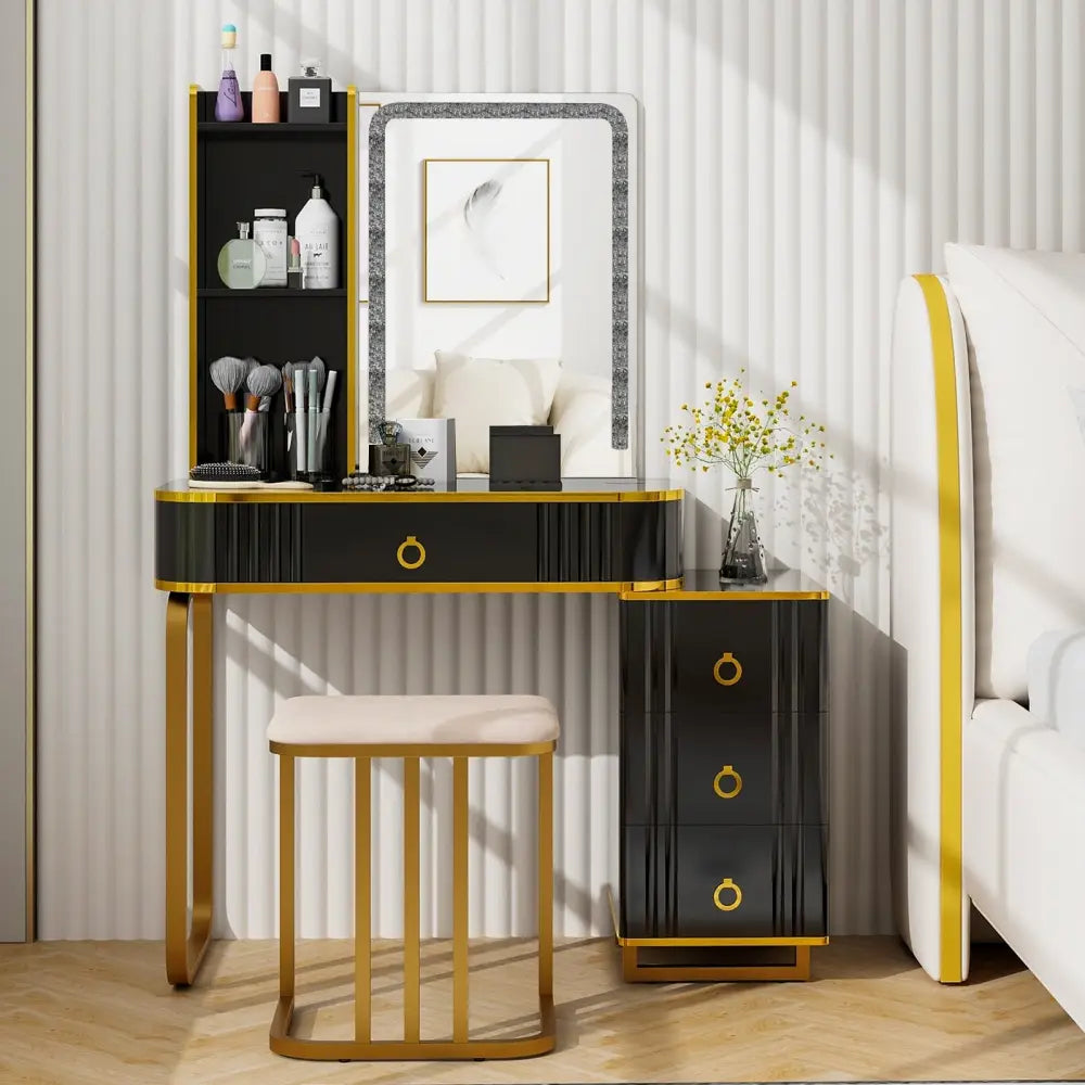 Vanity Table Set with RGB LED Lights and Wireless Charging Station-Black - Black - Makeup Vanities