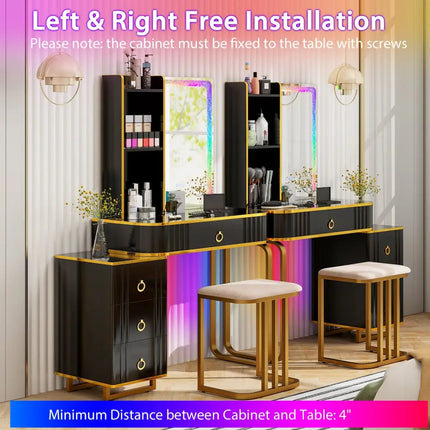 Vanity Table Set with RGB LED Lights and Wireless Charging Station-Black - Black - Makeup Vanities