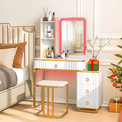 Vanity Table Set with RGB LED Lights and Wireless Charging Station-White - White - Makeup Vanities