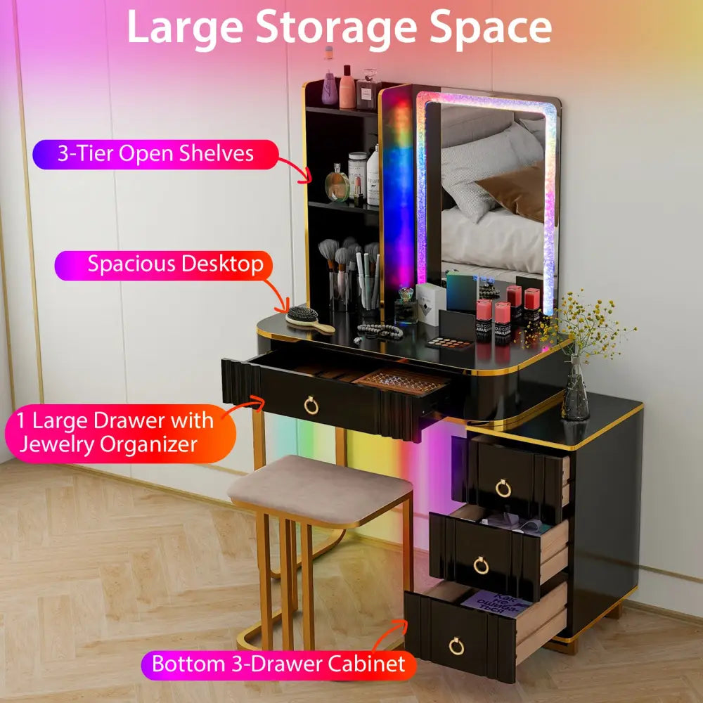 Vanity Table Set with RGB LED Lights and Wireless Charging Station-Black - Black - Makeup Vanities