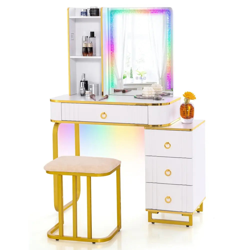Vanity Table Set with RGB LED Lights and Wireless Charging Station-White - White - Makeup Vanities