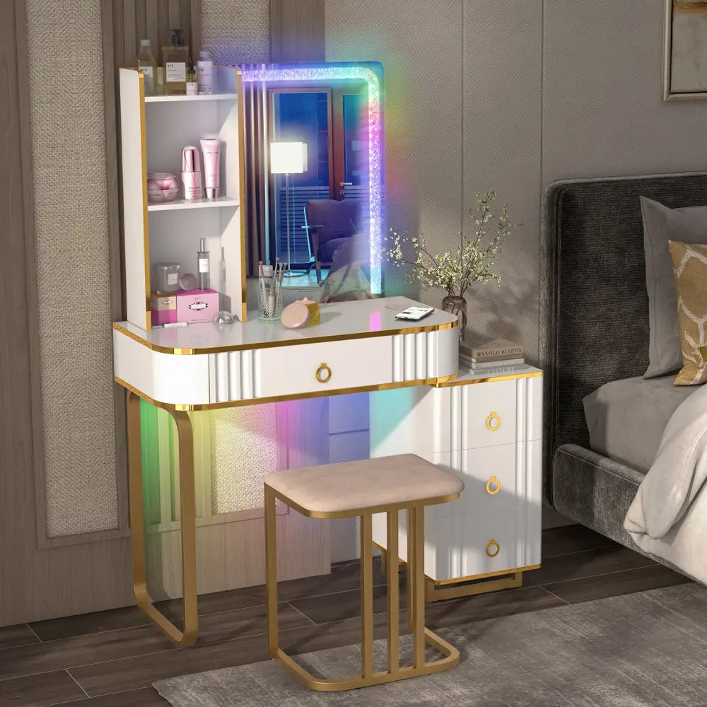 Vanity Table Set with RGB LED Lights and Wireless Charging Station-White - White - Makeup Vanities