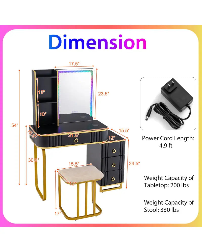 Vanity Table Set with RGB LED Lights and Wireless Charging Station-Black - Black - Makeup Vanities
