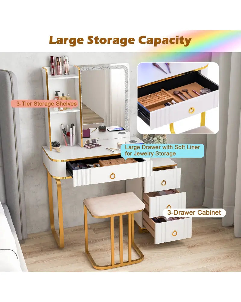 Vanity Table Set with RGB LED Lights and Wireless Charging Station-White - White - Makeup Vanities