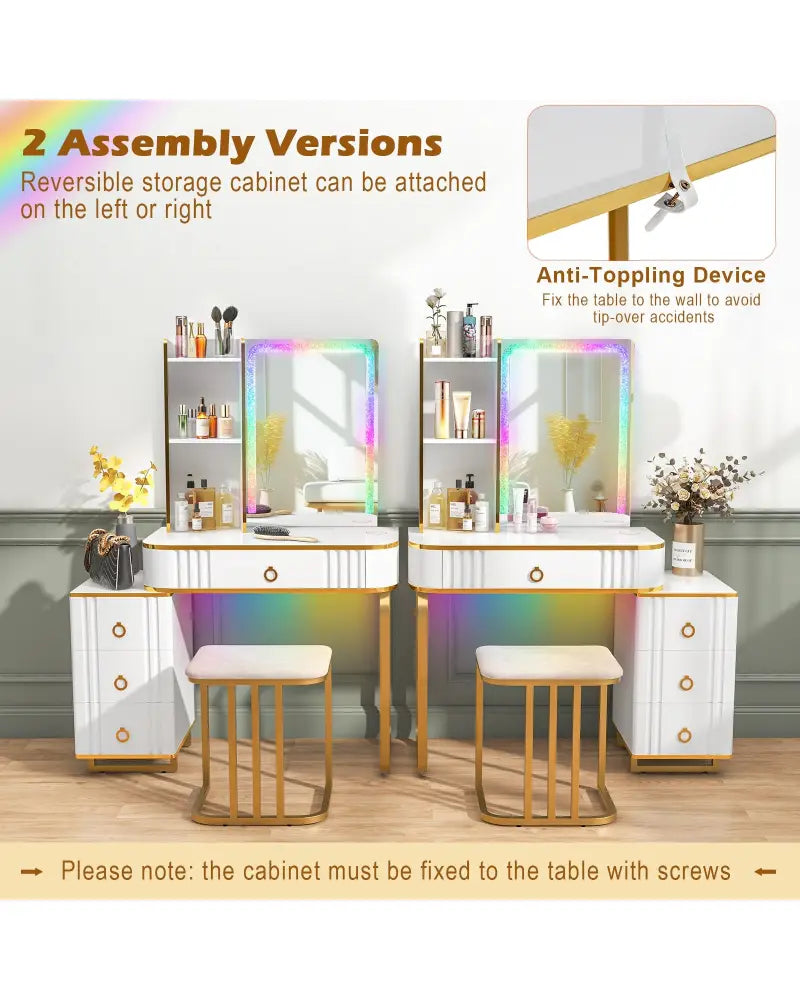 Vanity Table Set with RGB LED Lights and Wireless Charging Station-White - White - Makeup Vanities