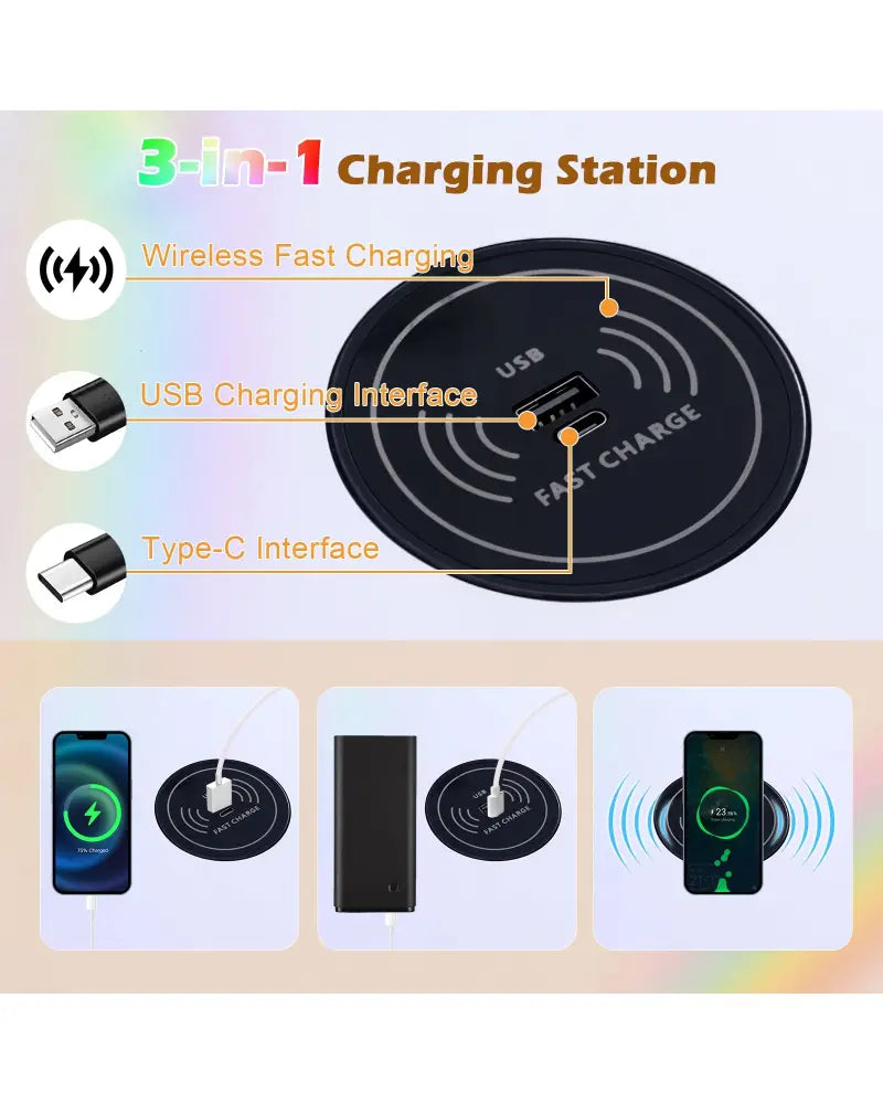 Vanity Table Set with RGB LED Lights and Wireless Charging Station-White - White - Makeup Vanities