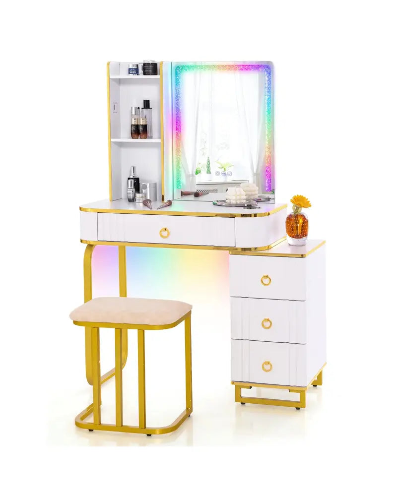 Vanity Table Set with RGB LED Lights and Wireless Charging Station-White - White - Makeup Vanities