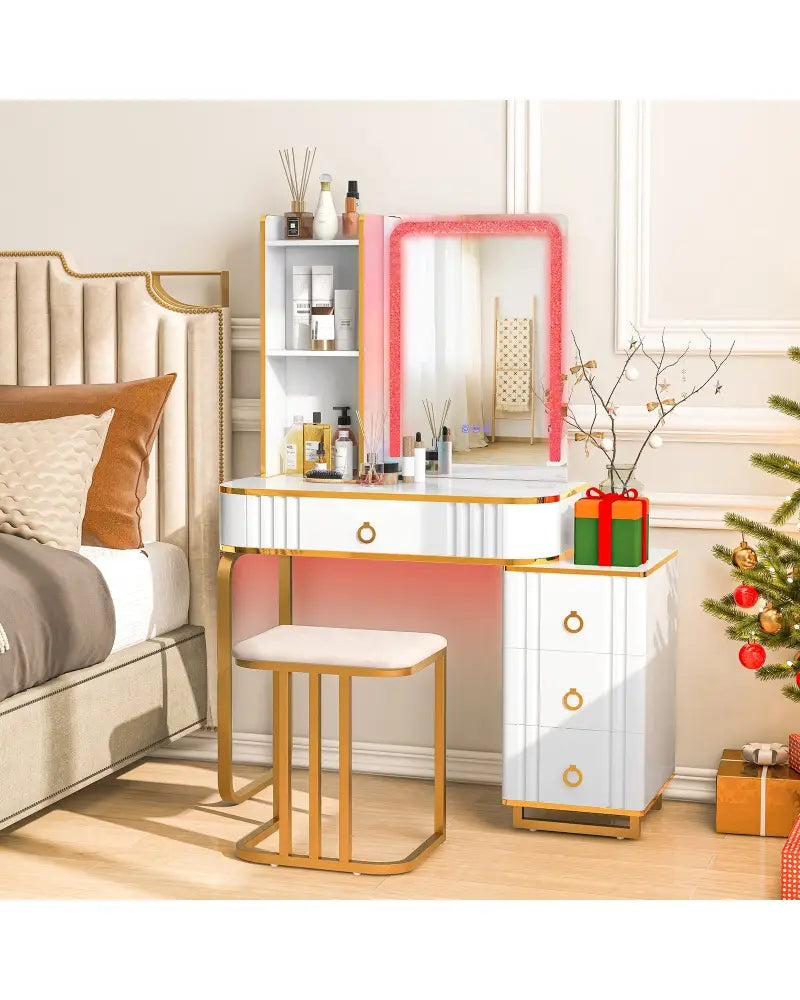 Vanity Table Set with RGB LED Lights and Wireless Charging Station-White - White - Makeup Vanities