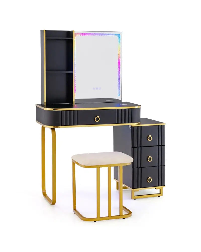 Vanity Table Set with RGB LED Lights and Wireless Charging Station-Black - Black - Makeup Vanities