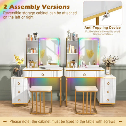 Vanity Table Set with RGB LED Lights and Wireless Charging Station-White - White - Makeup Vanities