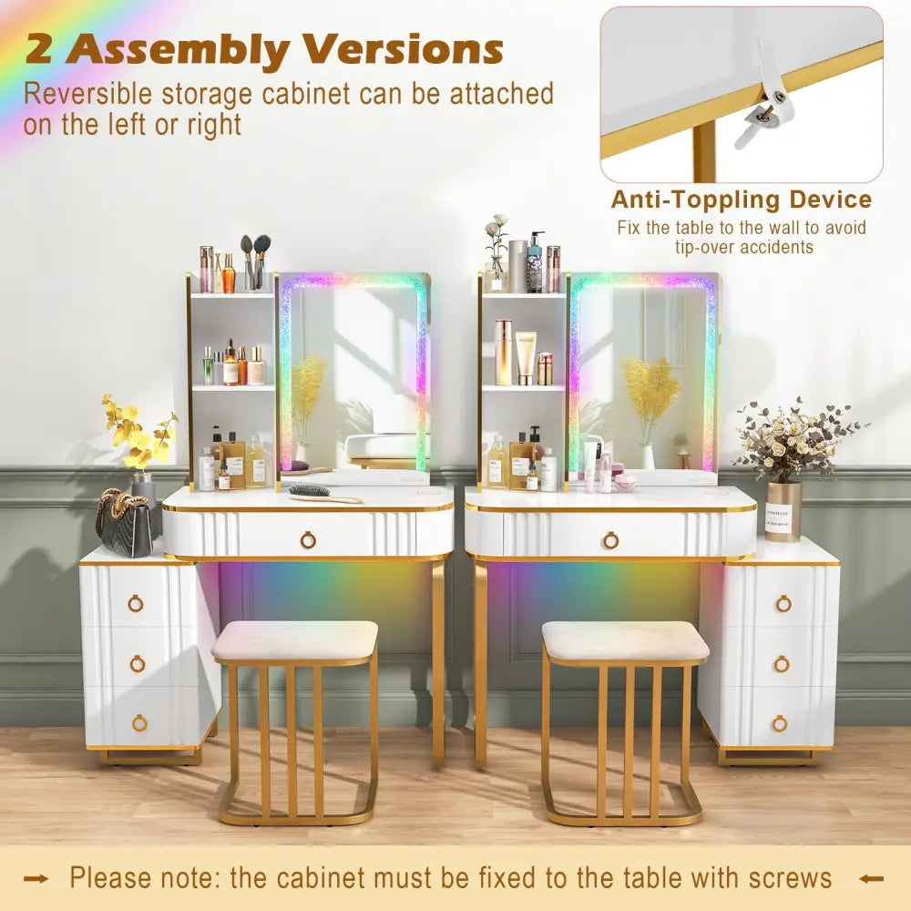 Vanity Table Set with RGB LED Lights and Wireless Charging Station-White - White - Makeup Vanities