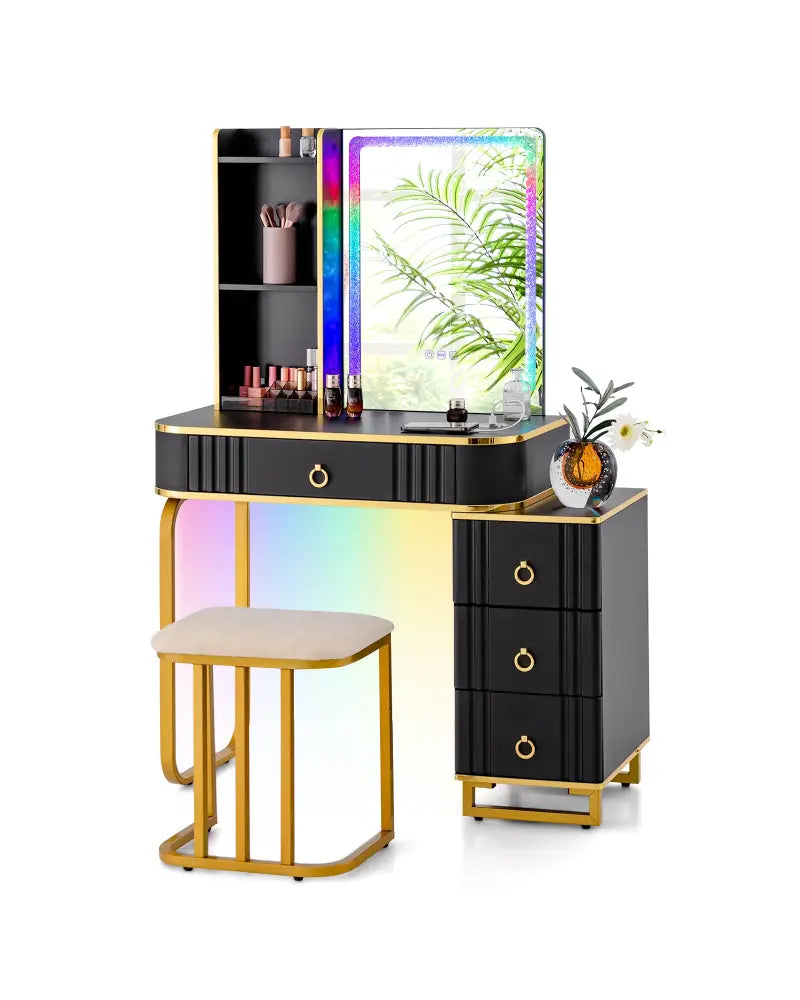Vanity Table Set with RGB LED Lights and Wireless Charging Station-Black - Black - Makeup Vanities