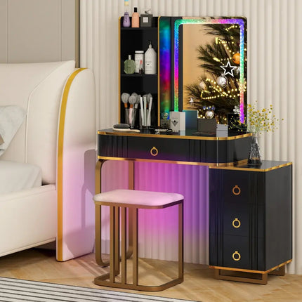 Vanity Table Set with RGB LED Lights and Wireless Charging Station-Black - Black - Makeup Vanities