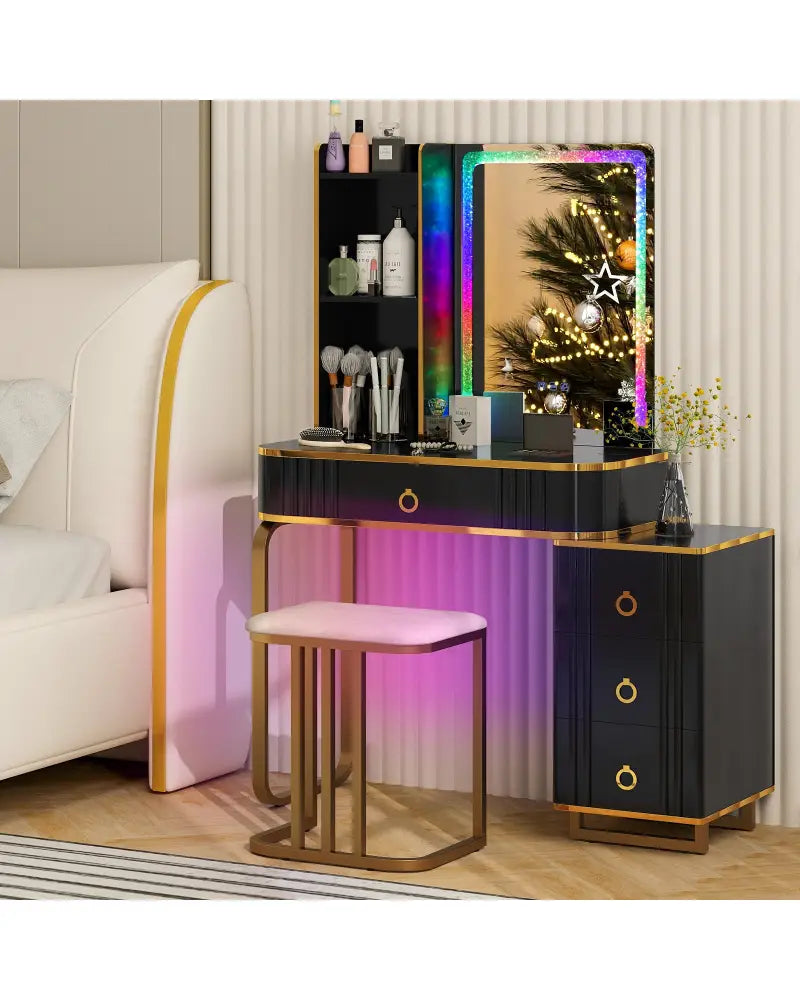 Vanity Table Set with RGB LED Lights and Wireless Charging Station-Black - Black - Makeup Vanities
