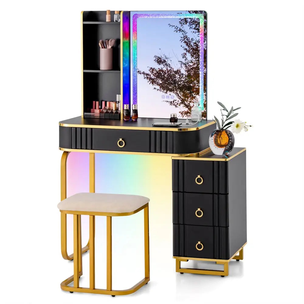 Vanity Table Set with RGB LED Lights and Wireless Charging Station-Black - Black - Makeup Vanities