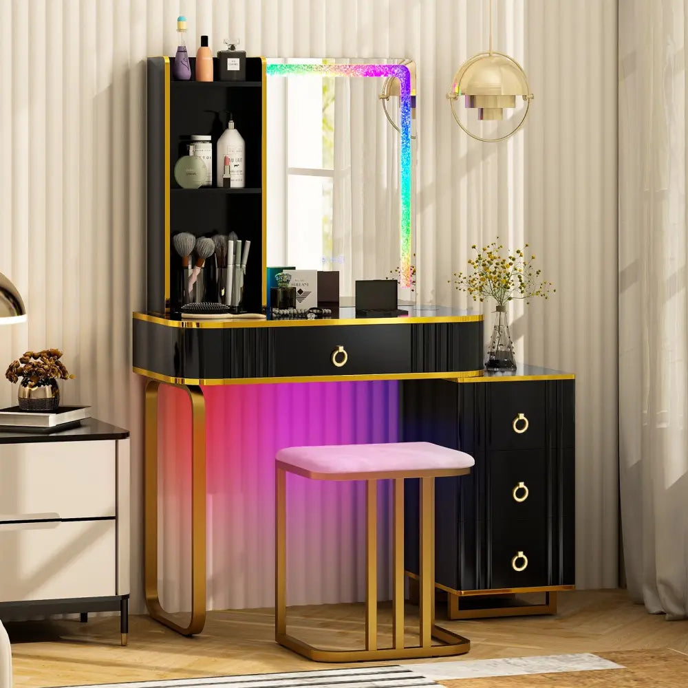 Vanity Table Set with RGB LED Lights and Wireless Charging Station-Black - Black - Makeup Vanities