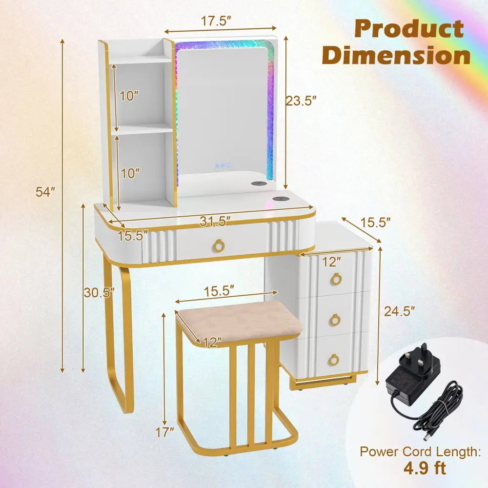 Vanity Table Set with RGB LED Lights and Wireless Charging Station-White - White - Makeup Vanities