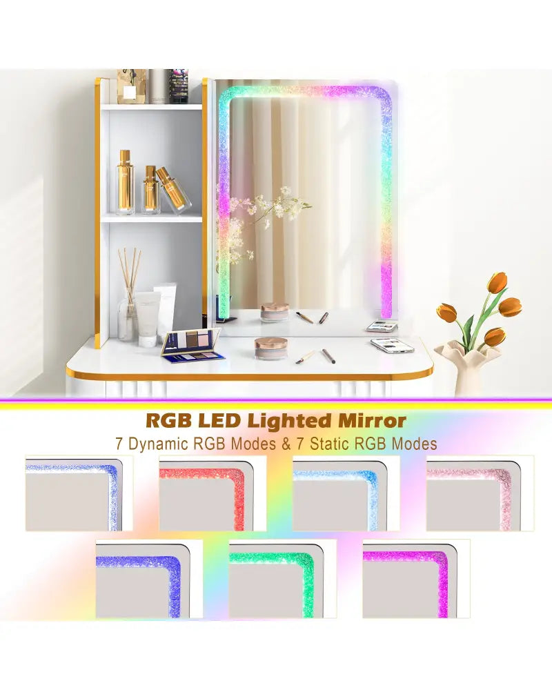 Vanity Table Set with RGB LED Lights and Wireless Charging Station-White - White - Makeup Vanities