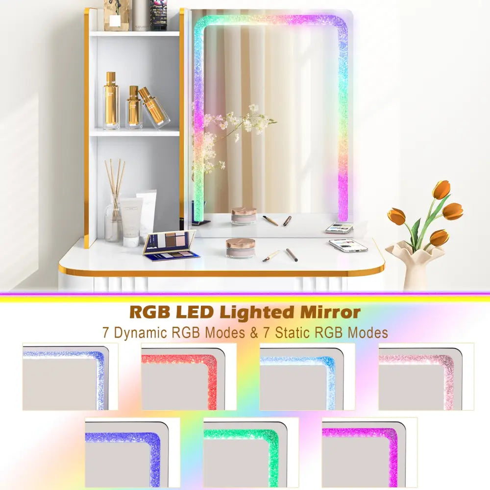 Vanity Table Set with RGB LED Lights and Wireless Charging Station-White - White - Makeup Vanities