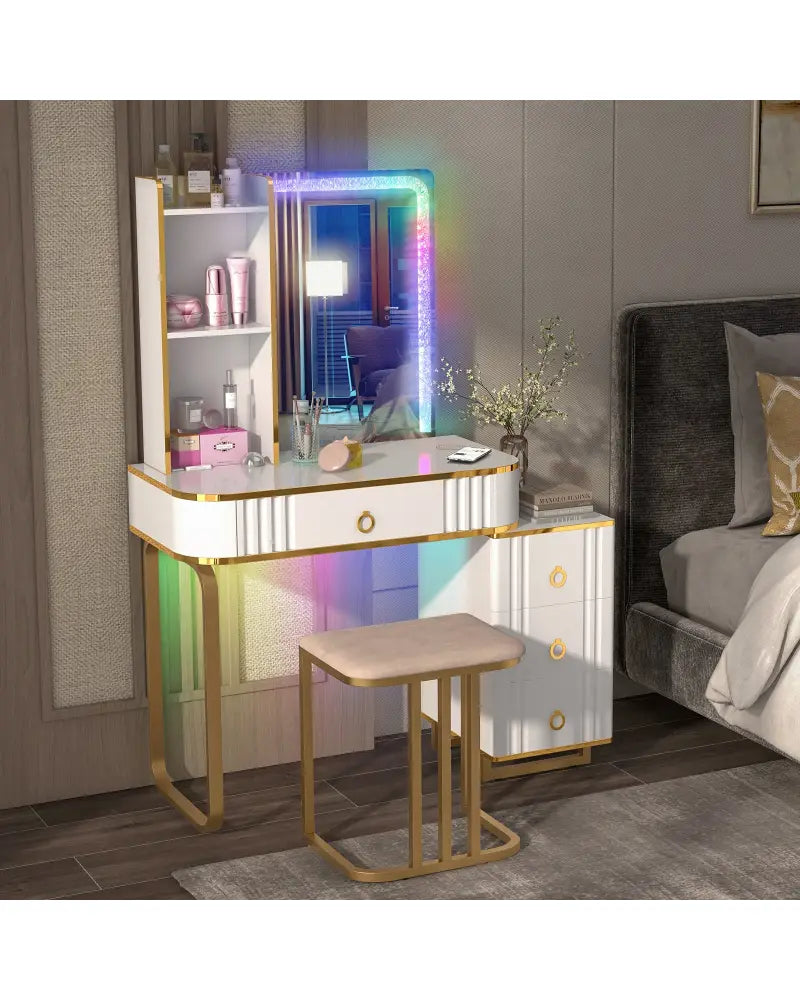 Vanity Table Set with RGB LED Lights and Wireless Charging Station-White - White - Makeup Vanities