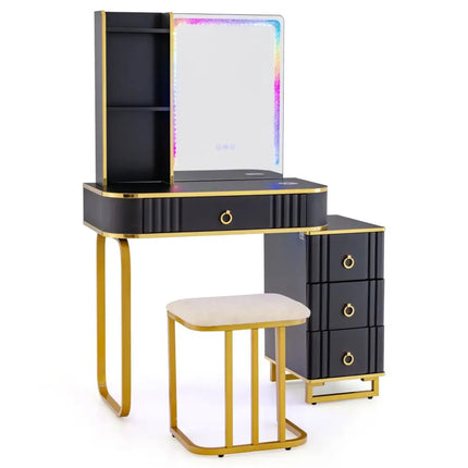 Vanity Table Set with RGB LED Lights and Wireless Charging Station-Black - Black - Makeup Vanities