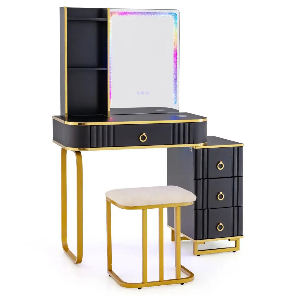 Vanity Table Set with RGB LED Lights and Wireless Charging Station-Black - Black - Makeup Vanities