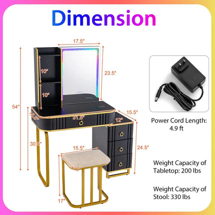 Vanity Table Set with RGB LED Lights and Wireless Charging Station-Black - Black - Makeup Vanities