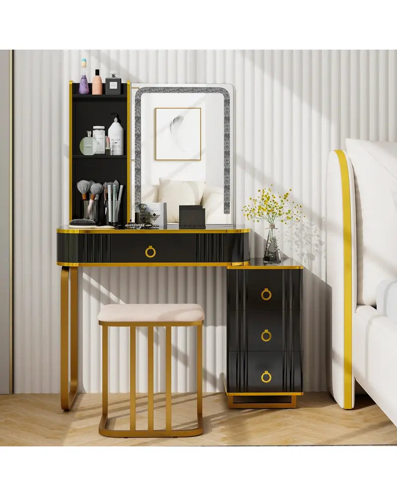 Vanity Table Set with RGB LED Lights and Wireless Charging Station-Black - Black - Makeup Vanities