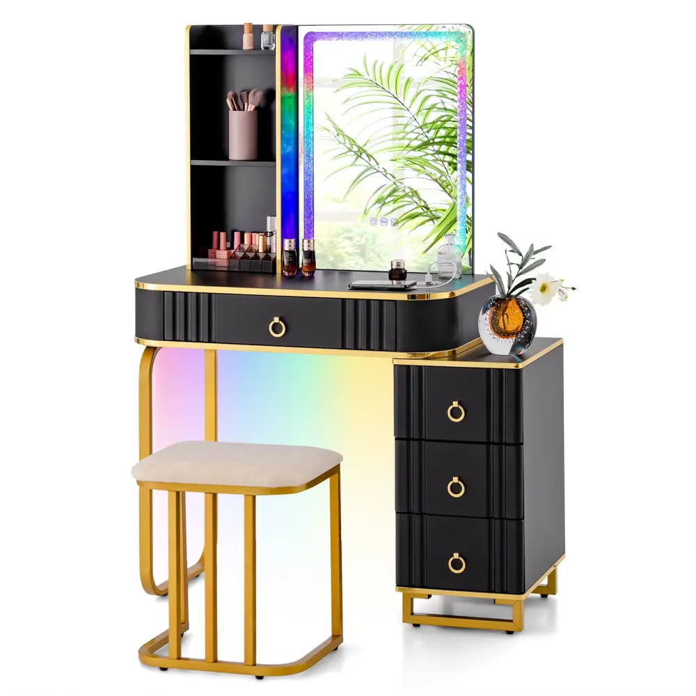 Vanity Table Set with RGB LED Lights and Wireless Charging Station-Black - Black - Makeup Vanities