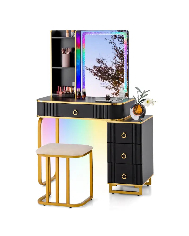 Vanity Table Set with RGB LED Lights and Wireless Charging Station-Black - Black - Makeup Vanities
