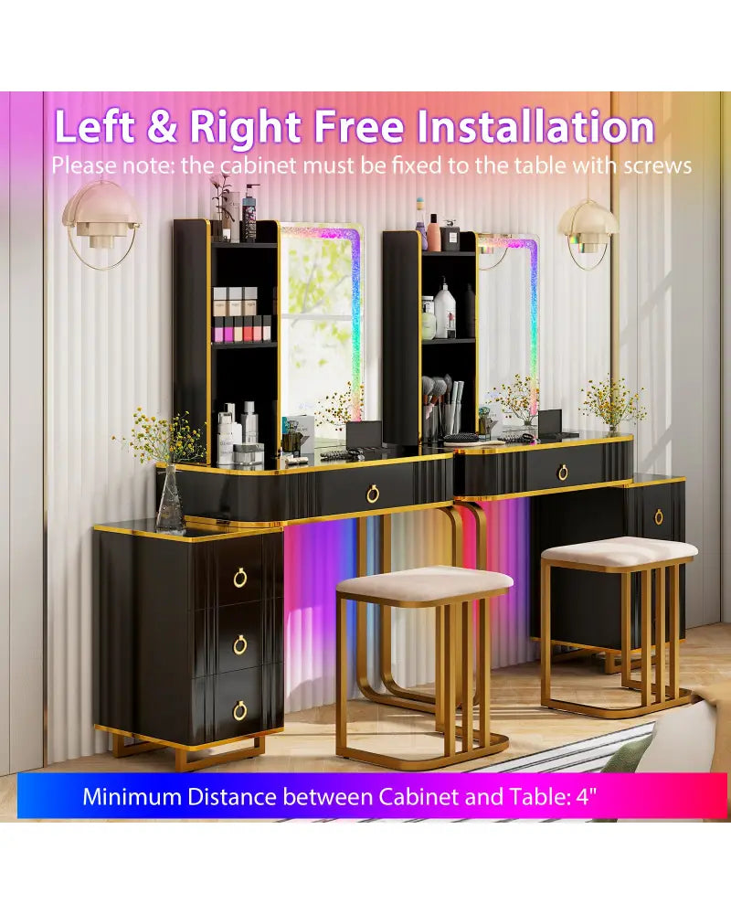 Vanity Table Set with RGB LED Lights and Wireless Charging Station-Black - Black - Makeup Vanities