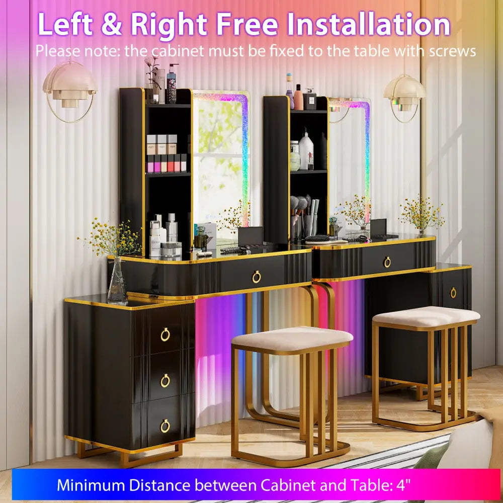 Vanity Table Set with RGB LED Lights and Wireless Charging Station-Black - Black - Makeup Vanities