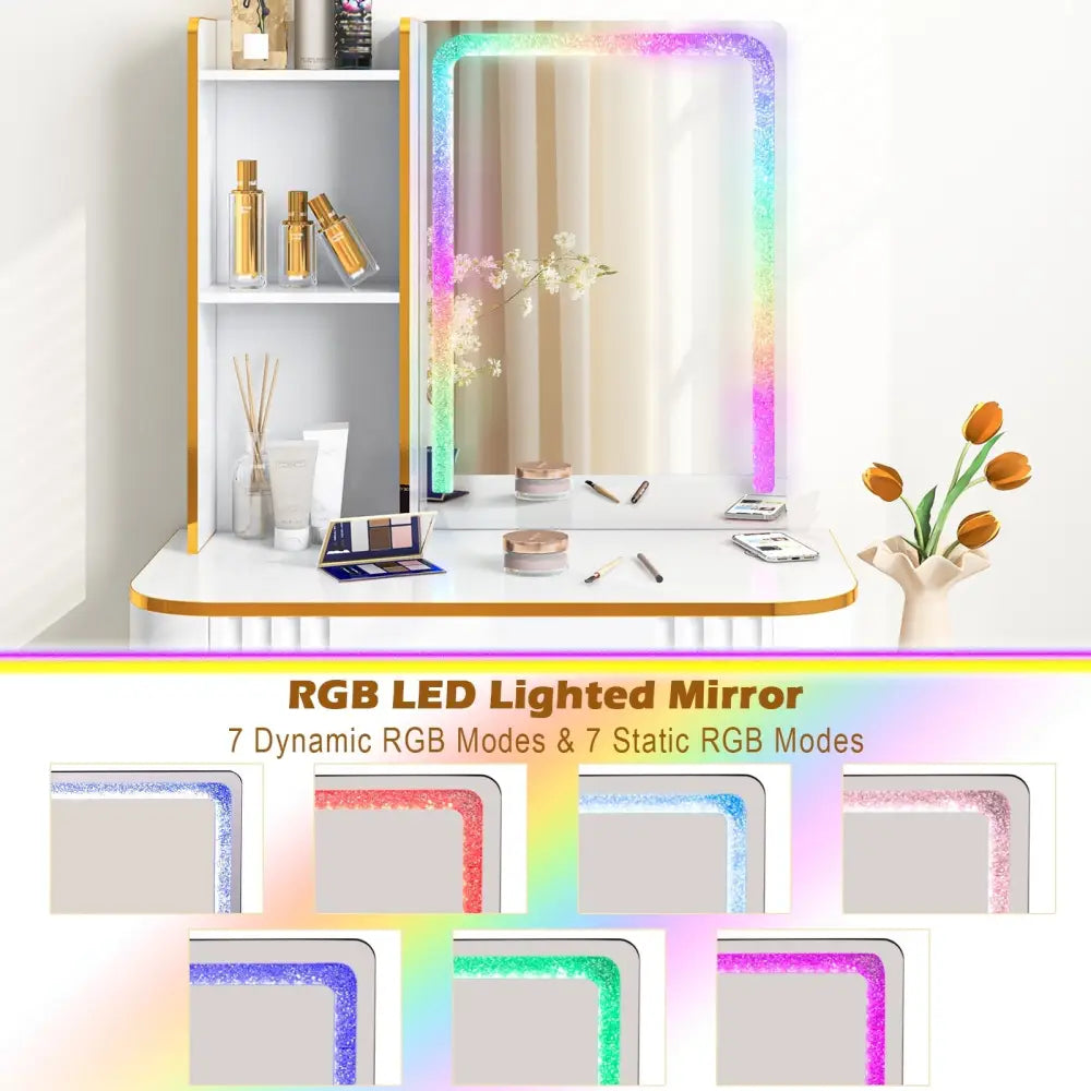 Vanity Table Set with RGB LED Lights and Wireless Charging Station-White - White - Makeup Vanities