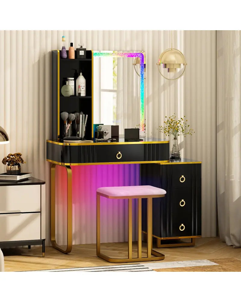 Vanity Table Set with RGB LED Lights and Wireless Charging Station-Black - Black - Makeup Vanities