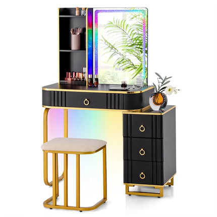 Vanity Table Set with RGB LED Lights and Wireless Charging Station-Black - Black - Makeup Vanities