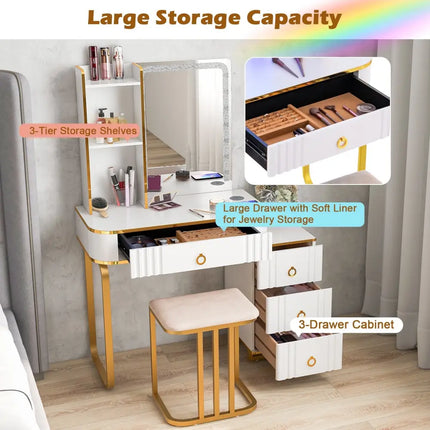 Vanity Table Set with RGB LED Lights and Wireless Charging Station-White - White - Makeup Vanities