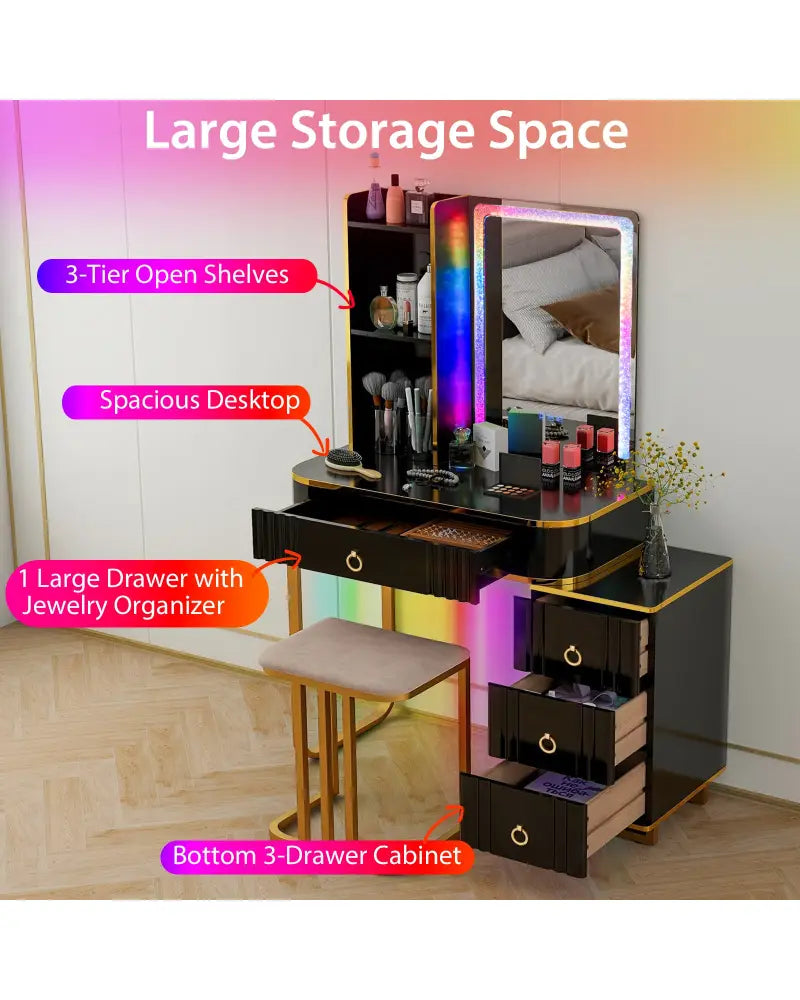 Vanity Table Set with RGB LED Lights and Wireless Charging Station-Black - Black - Makeup Vanities