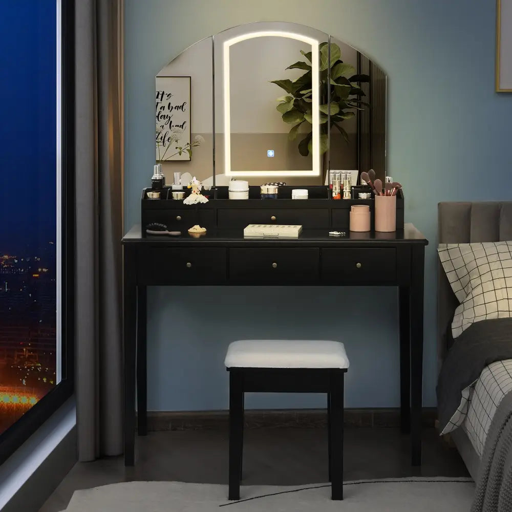 Vanity Table Stool Set with Large Tri-folding Lighted Mirror-Black - Black - Makeup Vanities