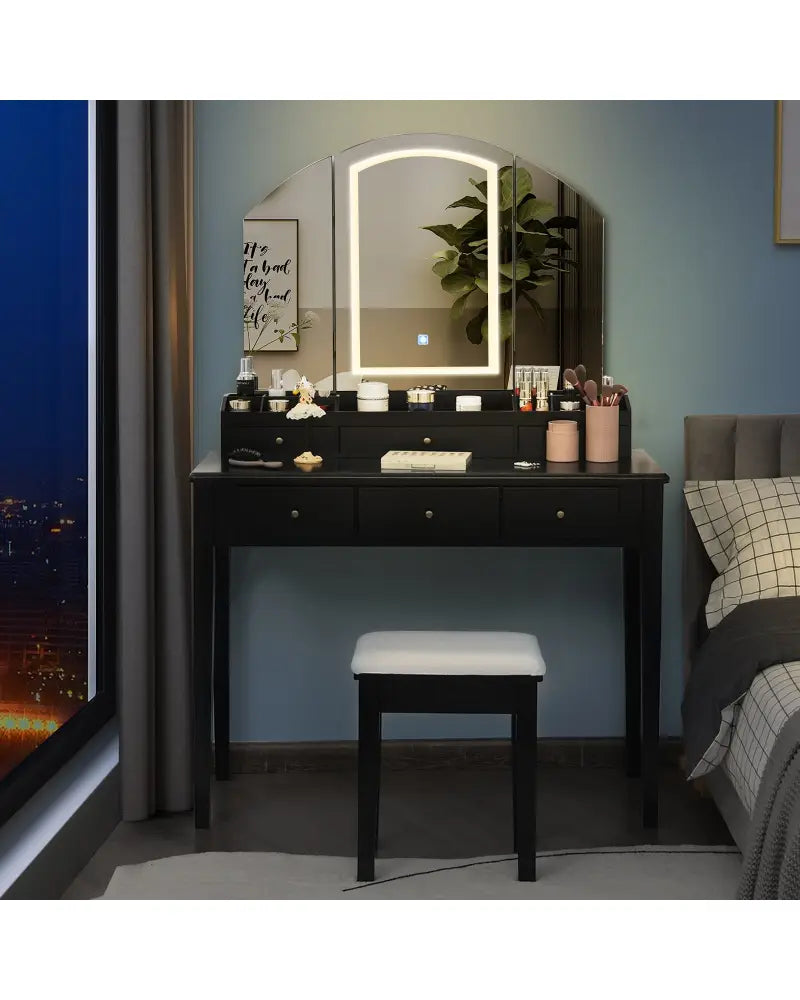 Vanity Table Stool Set with Large Tri-folding Lighted Mirror-Black - Black - Makeup Vanities