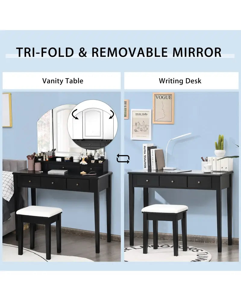 Vanity Table Stool Set with Large Tri-folding Lighted Mirror-Black - Black - Makeup Vanities
