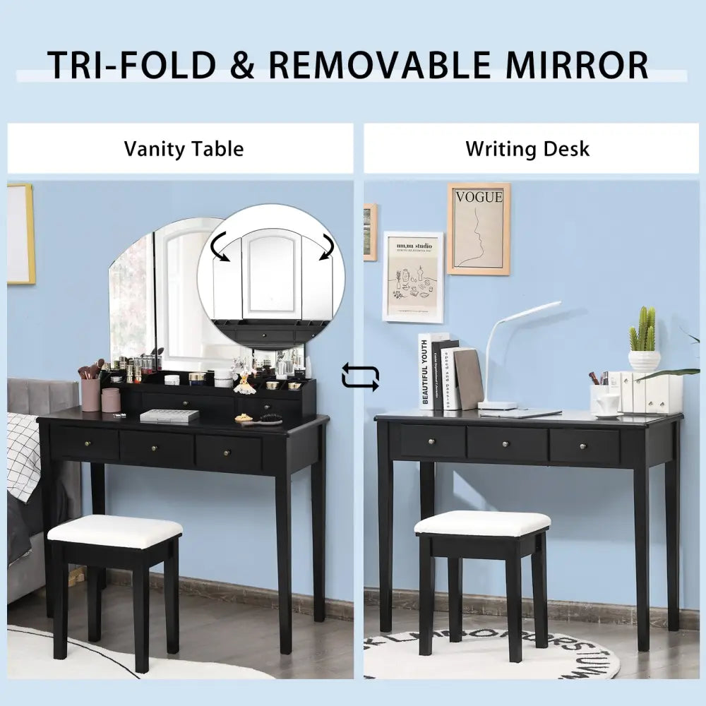 Vanity Table Stool Set with Large Tri-folding Lighted Mirror-Black - Black - Makeup Vanities