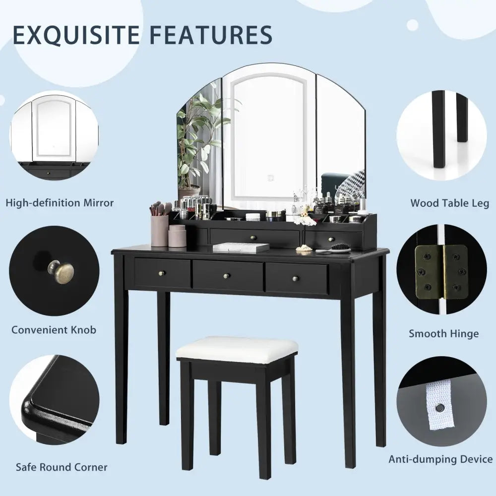 Vanity Table Stool Set with Large Tri-folding Lighted Mirror-Black - Black - Makeup Vanities