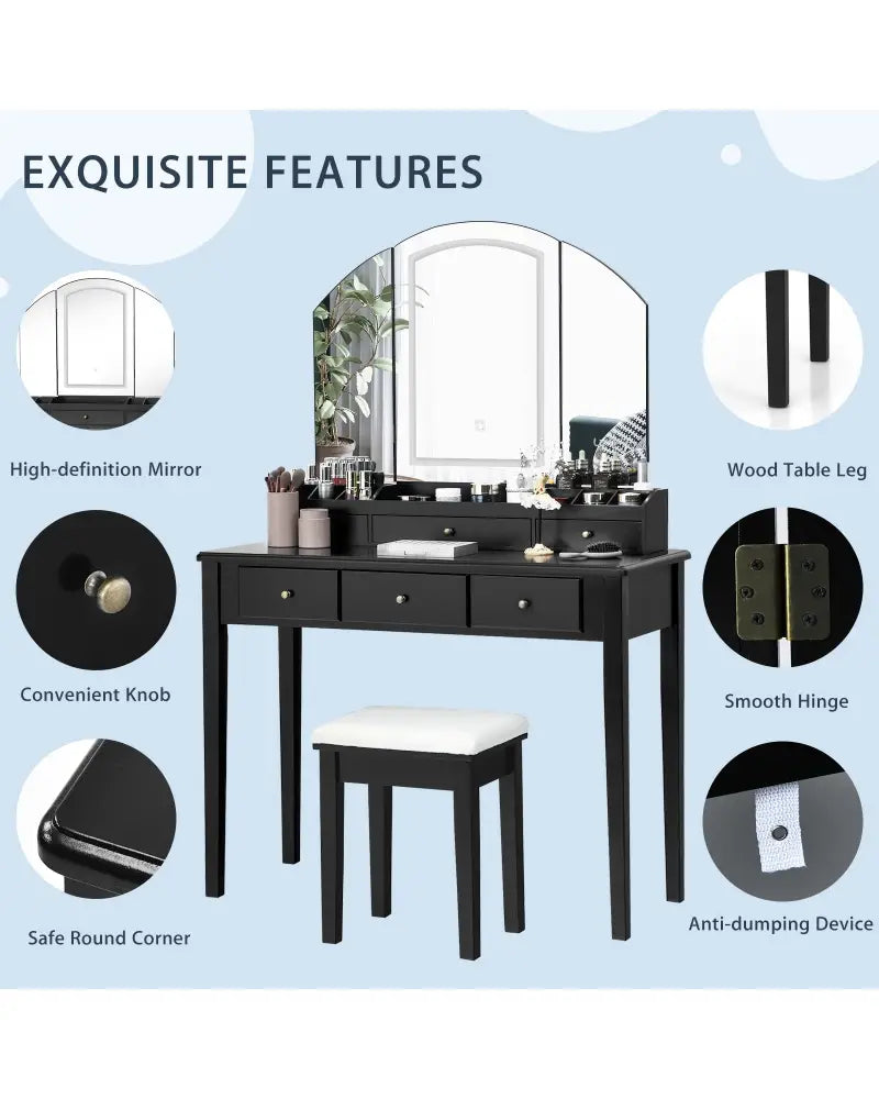 Vanity Table Stool Set with Large Tri-folding Lighted Mirror-Black - Black - Makeup Vanities