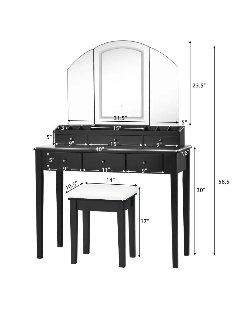 Vanity Table Stool Set with Large Tri-folding Lighted Mirror-Black - Black - Makeup Vanities